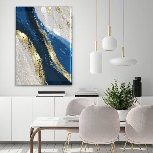 Printed Glass Wall Art - Blue & Gold Abstract Painting 