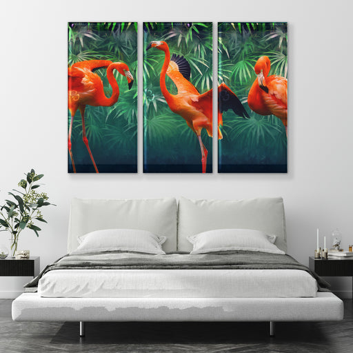 Printed Glass Wall Art - Tropical Flamingo Trio
