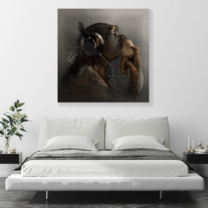 Printed Glass Wall Art - Thinking Monkey with Headphones 
