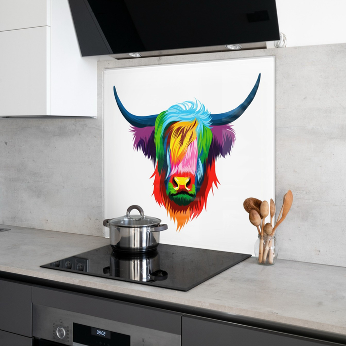 6mm Toughened Printed Kitchen Glass Splashback - Abstract Highland Cow 695