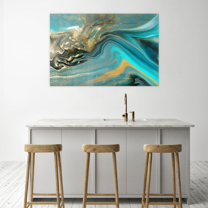 Printed Glass Wall Art - Blue Golden Liquid Marble 116