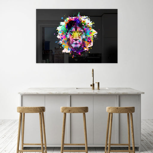 Printed Glass Wall Art - Abstract Multicoloured Graffiti Lion with Paint Splatters